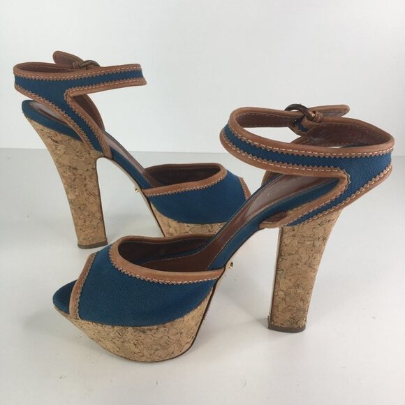 SERGIO ROSSI Blue/Brown Peep Toe Cork Platform Denim Sandal - Picture 2 of 8